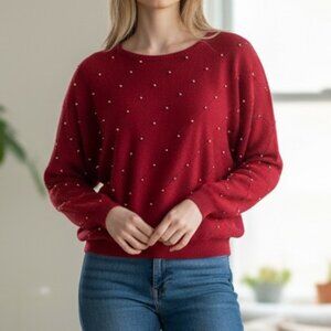 Vintage 80s Cox Red Pearl Beaded Sweater Made in Italy Embellished Knit Size 38